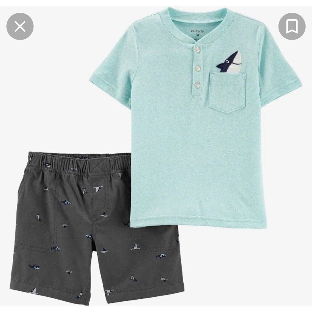 Boys 3 Months Shark Shirt, Short Set Knit Shorts Outfit Set NWT Carter's Blue (4
